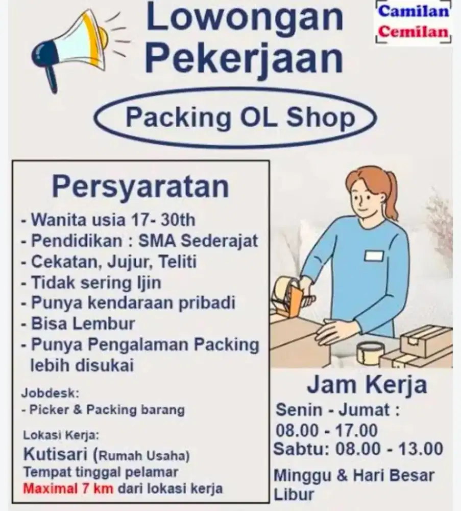 Dicari tukang packing pria/wanita