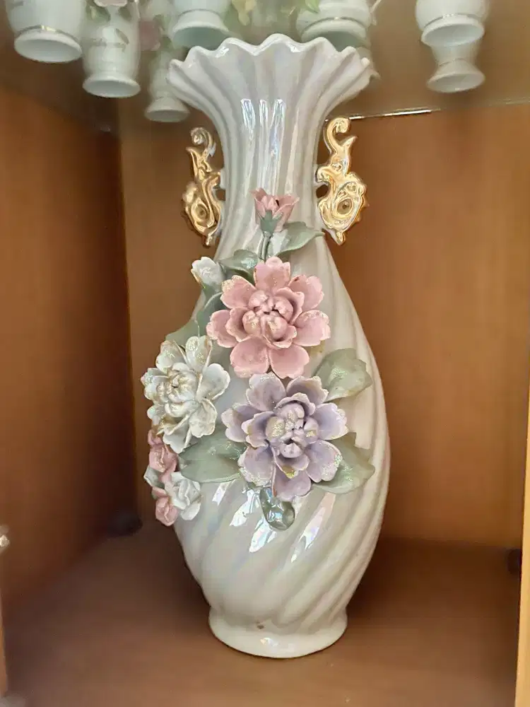 as Keramik Antik Floral 3D Pastel Gold | Vas Bunga Dekorasi Rumah