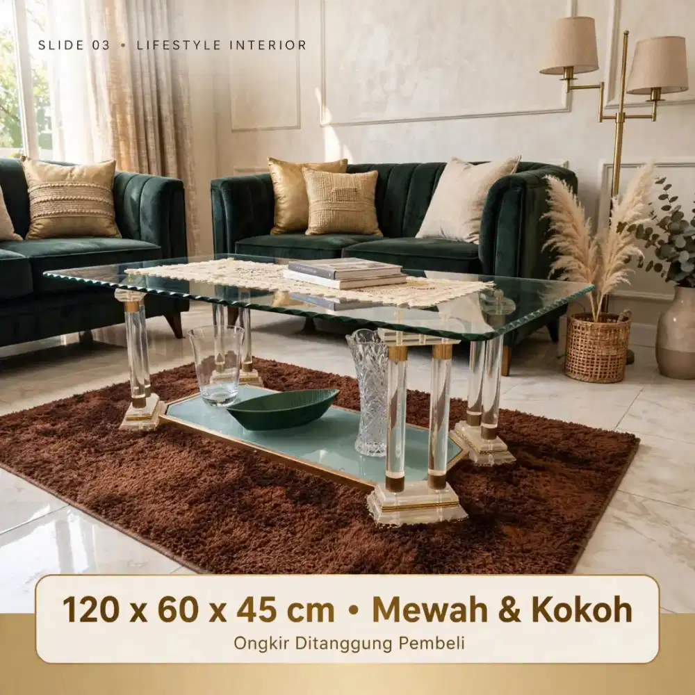 Meja Tamu Kaca Kristal da Vinci - 6 Kaki Gold Mewah Original