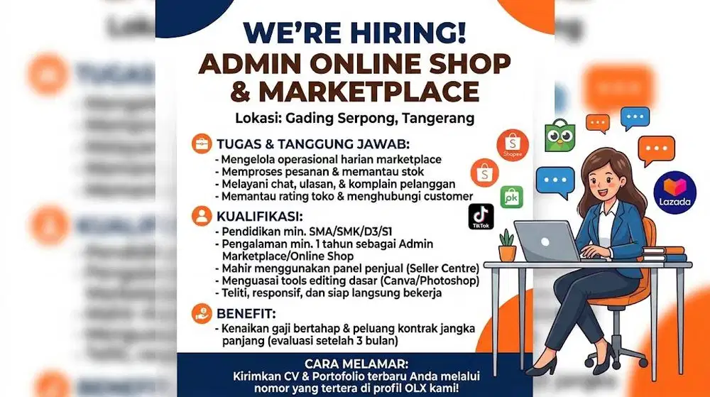 Lowongan Admin E-Commerce Shopee Tokopedia TikTok Shop Gading Serpong