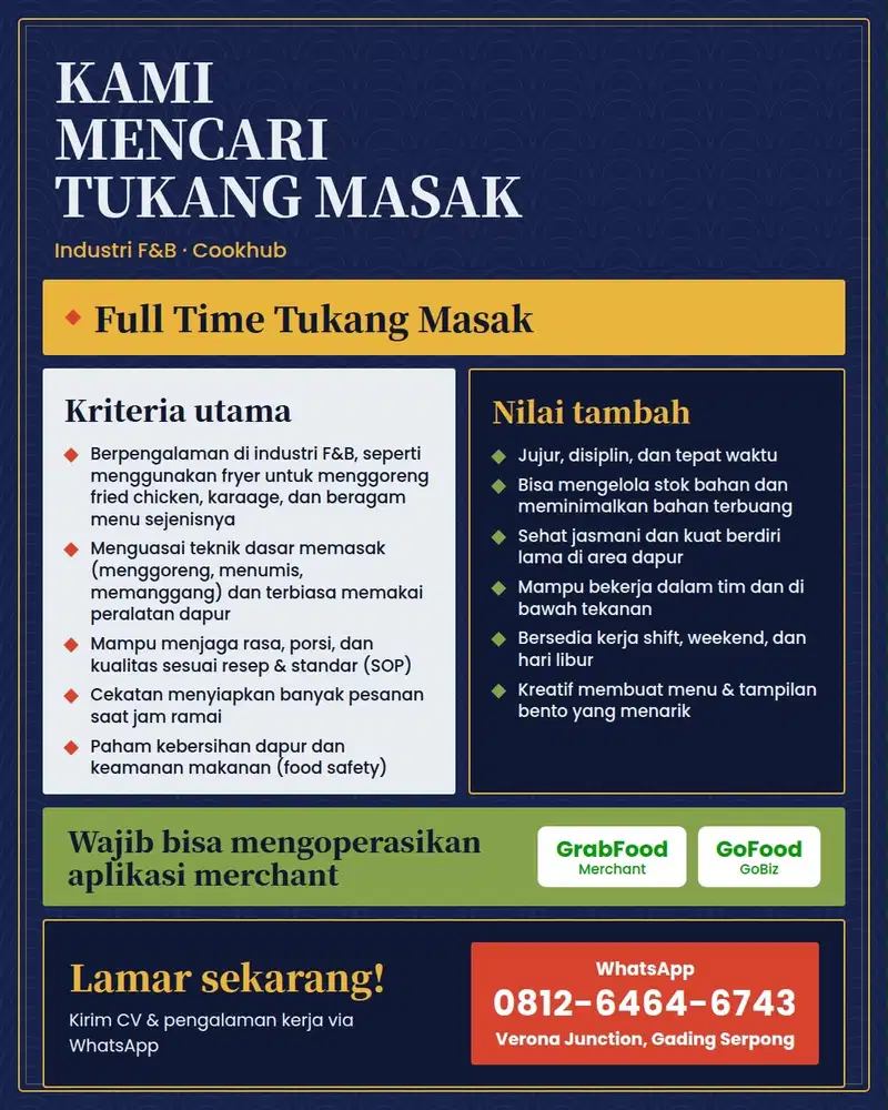 Dicari Tukang Masak Full Time, Verona Junction Gading Serpong