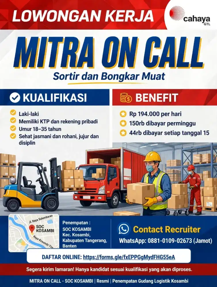 Dibutuhkan Mitra On Call Sortir Bongkar Muat SOC Kosambi