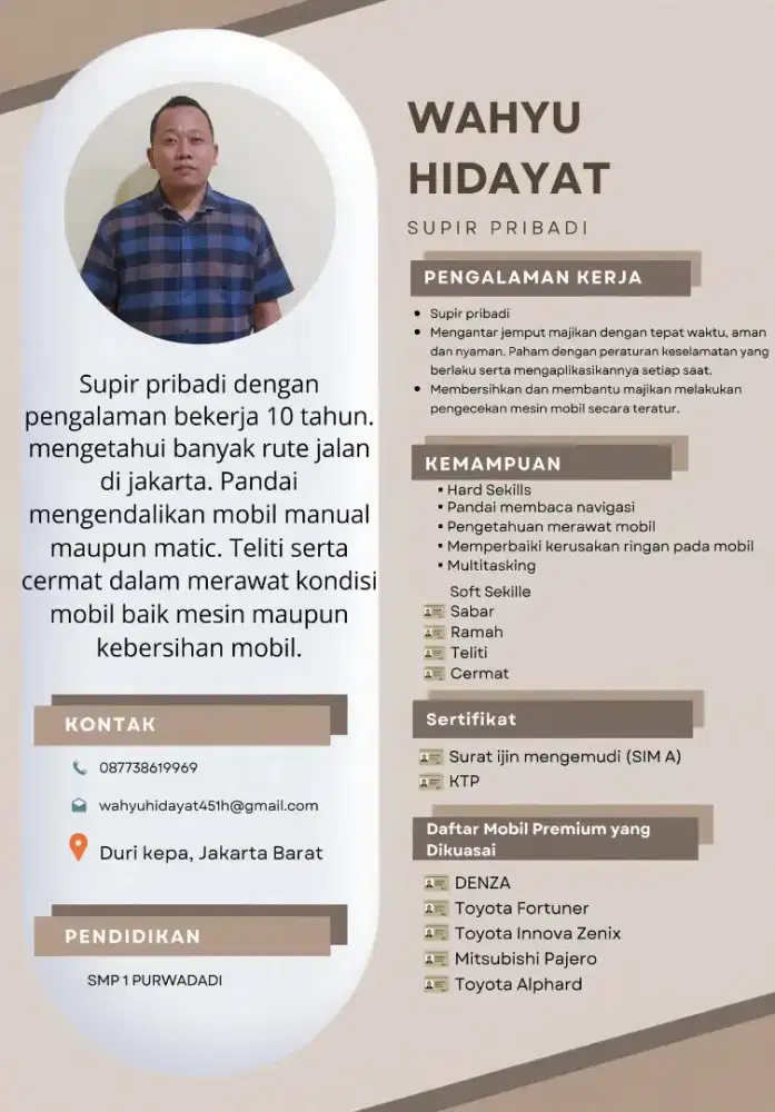 Saya driver siap di tempatkan di pribadi, kantor, dan oprasional.