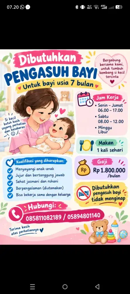 Mencari pengasuh bayi umur 7 bulan, tidak menginap