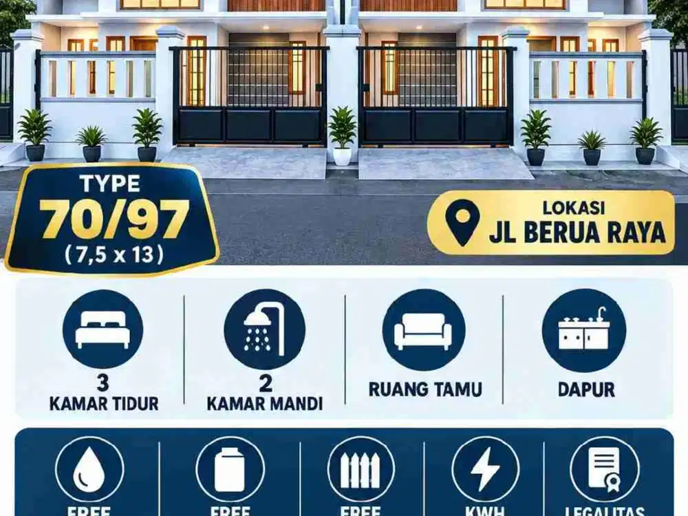 *DI PASARKAN RUMAH TYPE 70 – BERUA 3 (DAYA)*

Hunian full bangunan dengan luas tanah 7,5 × 13 m.
 Tersedia 1 unit posisi sudut.

Spesifikasi:
• Type 70
• 3 Kamar Tidur
• 2 Kamar Mandi
• Ruang Tamu
• Ruang Dapur
• Free Pagar
• Free Tandon & Mesin Air

 SKE