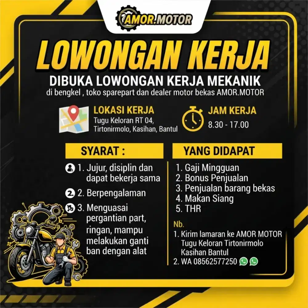 Dicari mekanik berpengalaman kendaraan roda dua