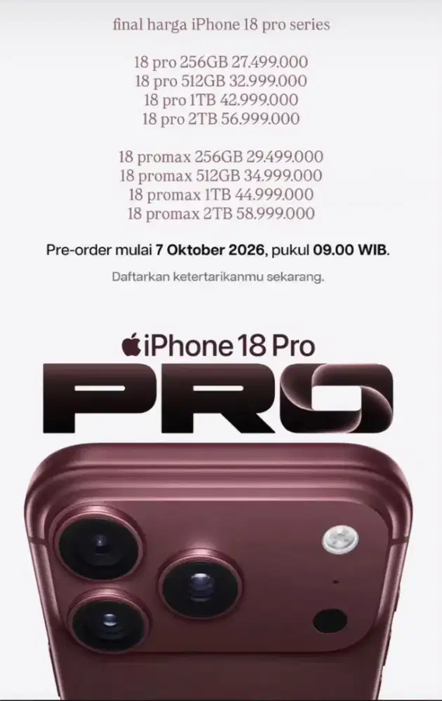 Cicilan tanpa Kartu Kredit Pre Order iPhone 18 Pro Max 256 GB