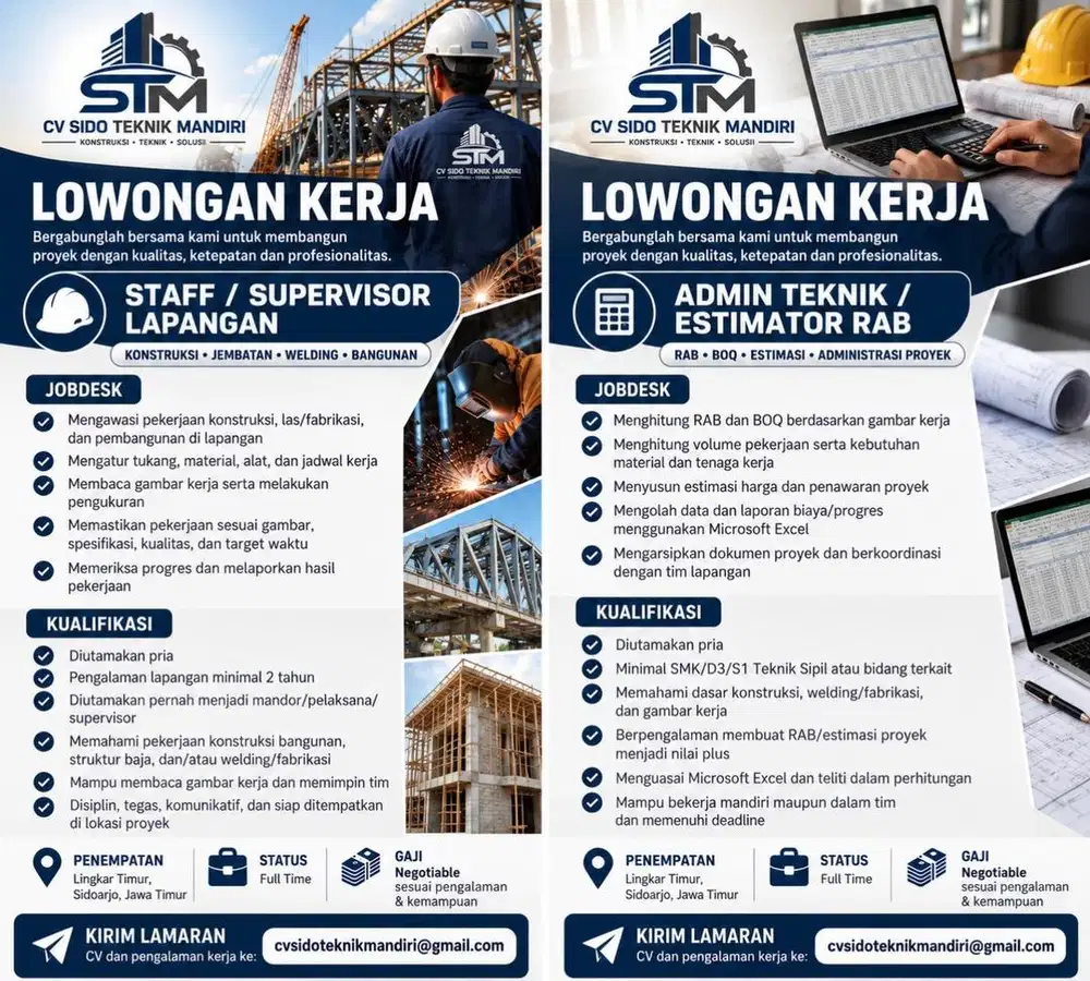 DICARI ADMIN (ESTIMATOR RAB) dan Kepala lapangan