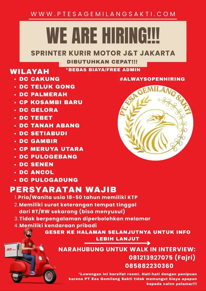 Sprinter Kurir J&T All Area Administrasi Kota Jakarta