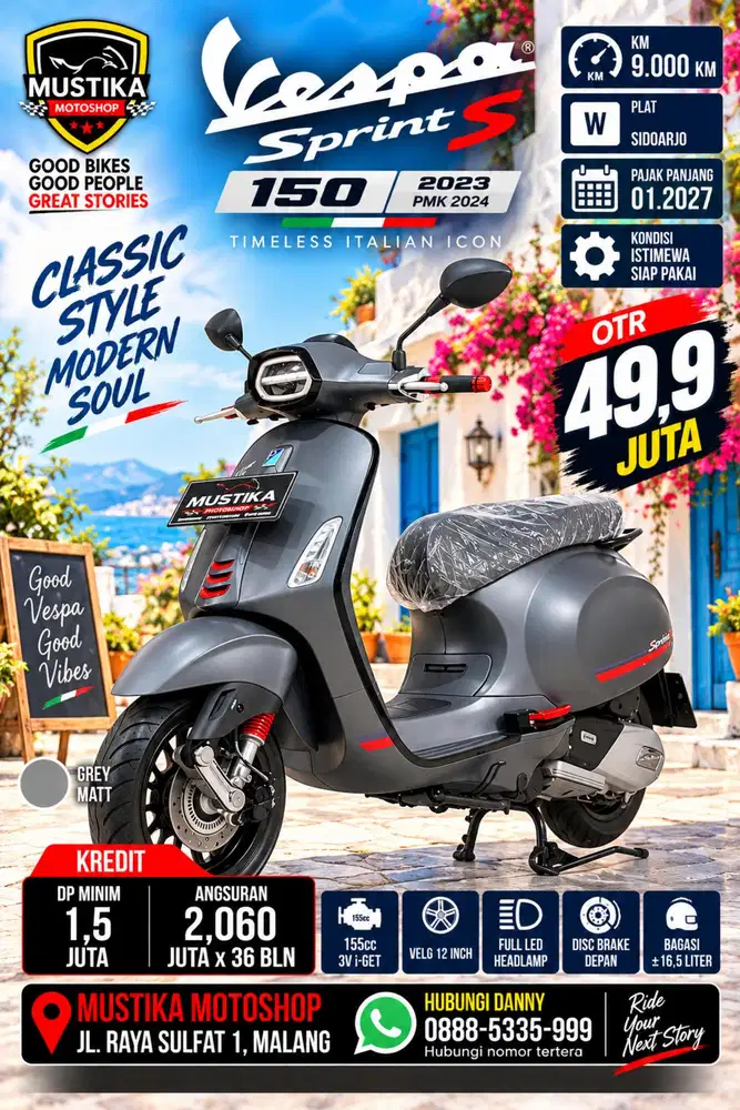 KM 9rb‼️Vespa Sprint S 150 2023 regis 2024. DANNY Mustika Malang