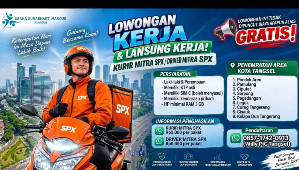 LOWONGAN KURIR MITRA SPX TANGSEL DAN TANGKAB!!!