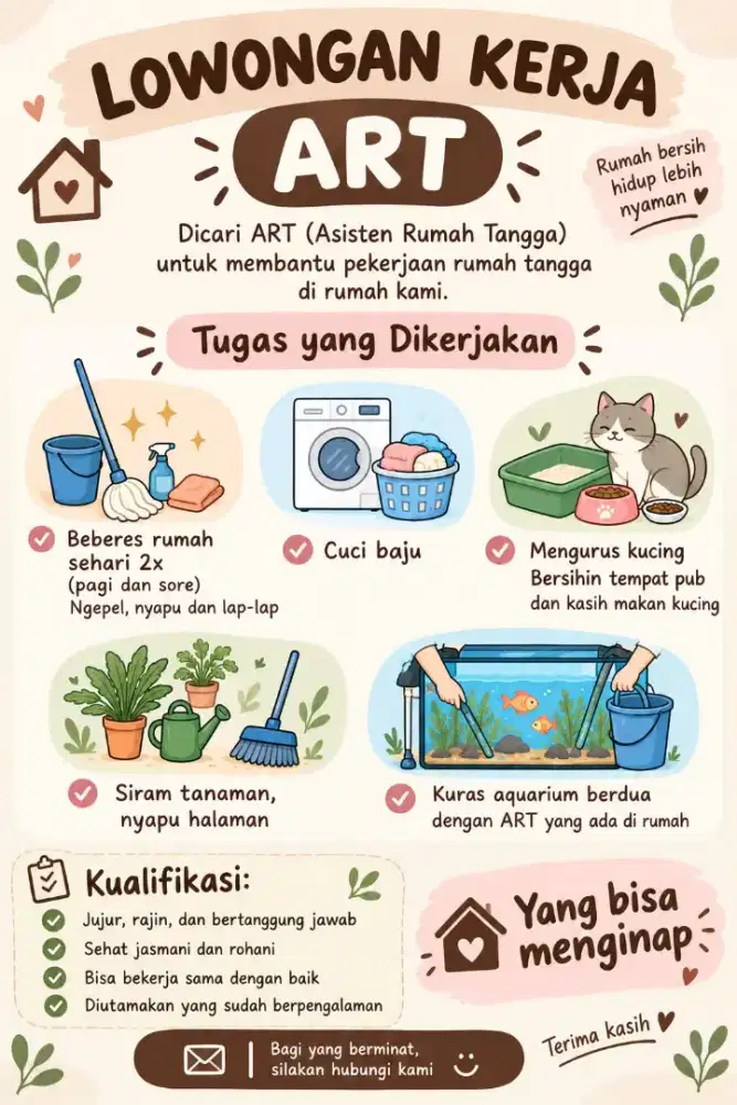 DIBUTUHKAN ASISTEN RUMAH TANGGA