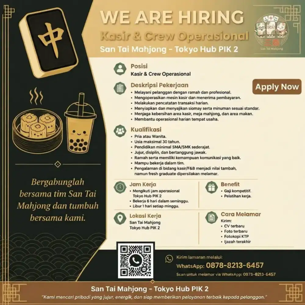 Dibutuhkan Staff /Crew Operational Santai Mahjong TokyoHub PIK 2
