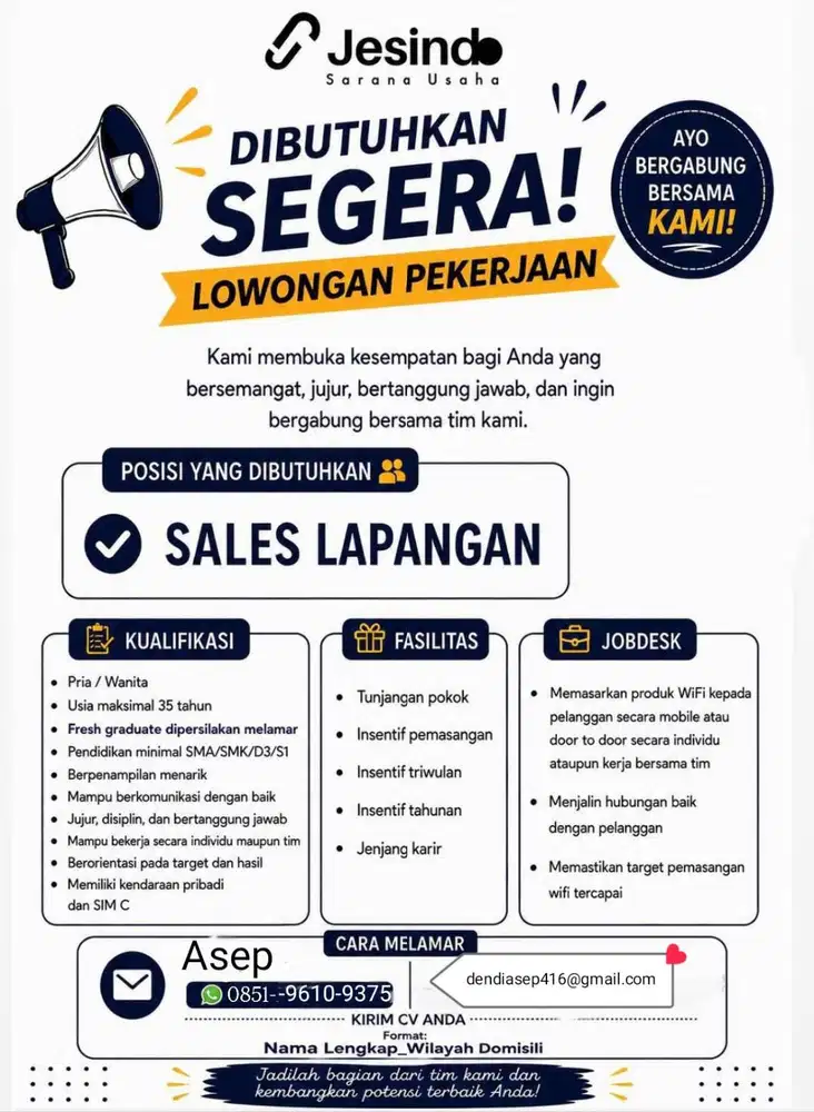 Sales WiFi Lapangan – Tunjangan Pokok + Insentif Pemasangan, Gabung Se