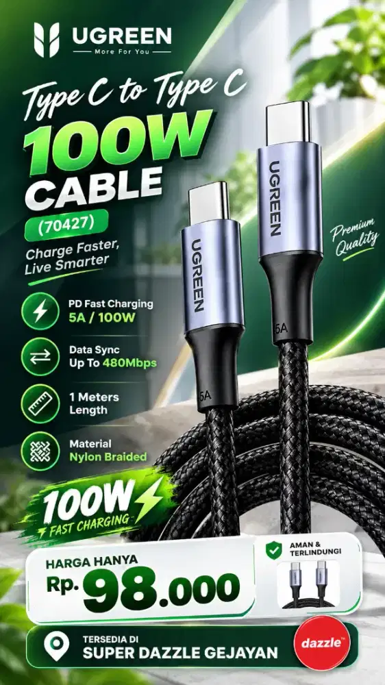 UGREEN TYPE C TO TYPE C 100W CABLE (70427)