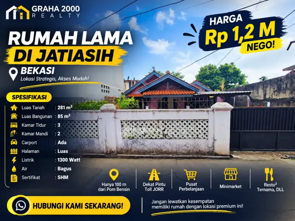 Rumah Dijual di Jatiasih Bekasi LT 281 m2 SHM 3 Kamar Tidur Harga 1,2 Miliar Nego