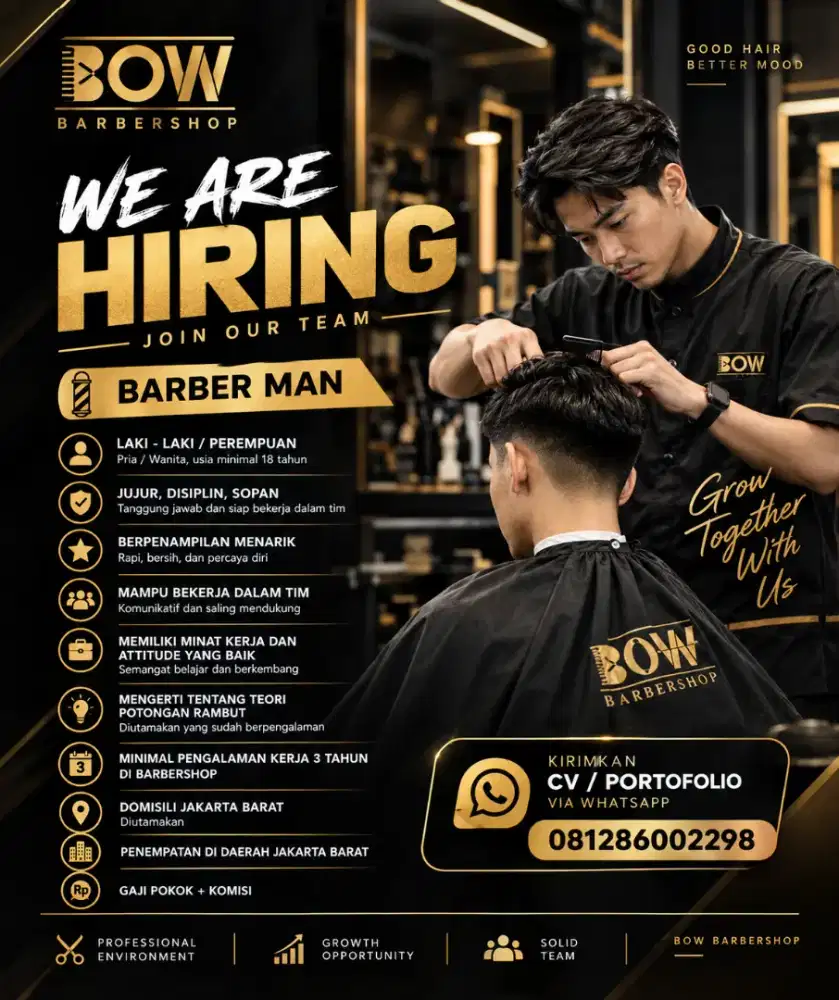 Lowongan Barber – BOW Barbershop (Jelambar & Jembatan Lima)
