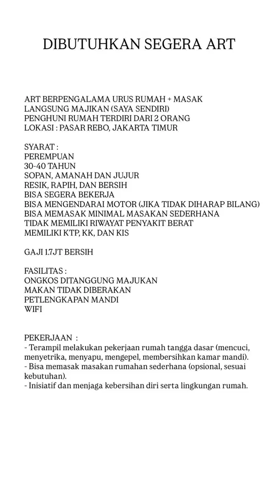 Asisten Rumah Tangga/ART/Pembantu