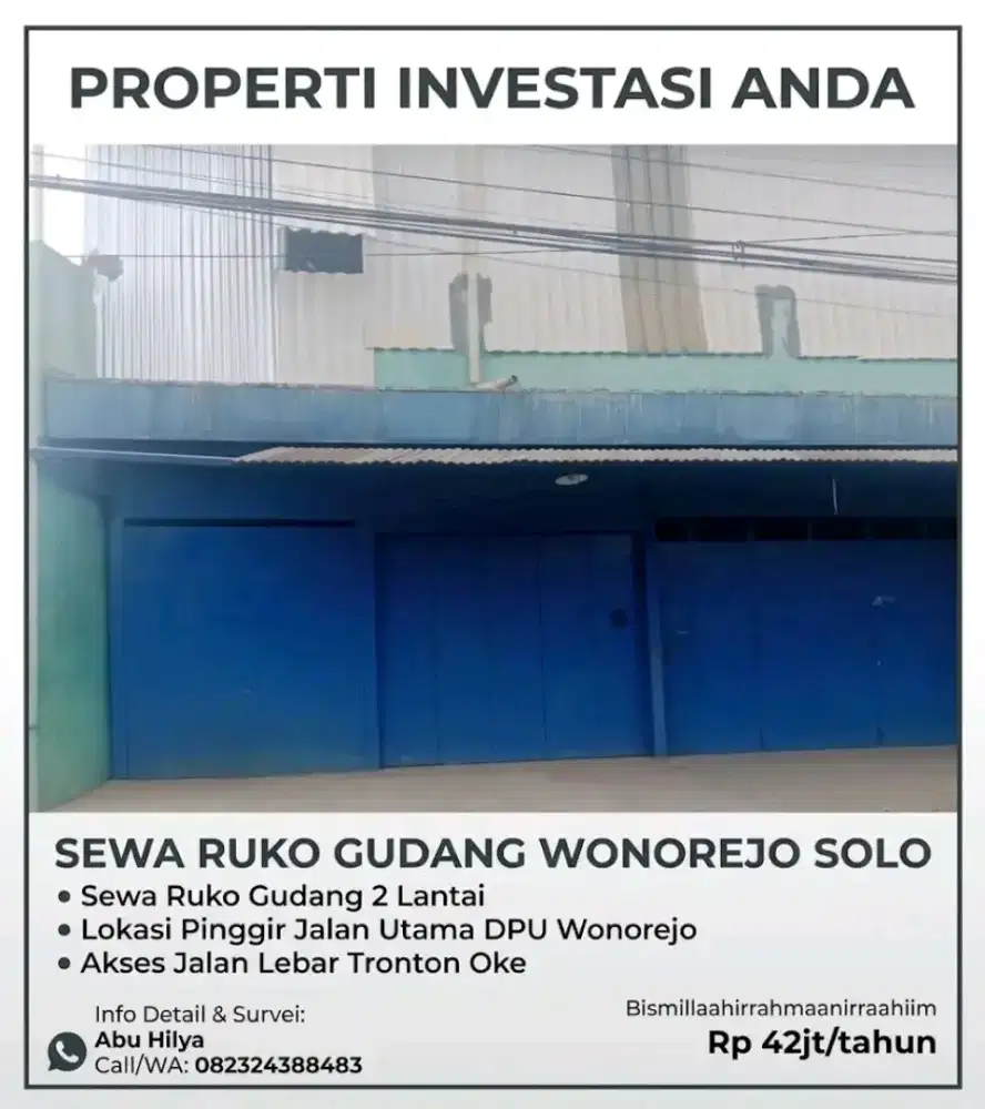 DISEWAKAN RUKO GUDANG 2 LANTAI STRATEGIS WONOREJO SOLO UTARA
