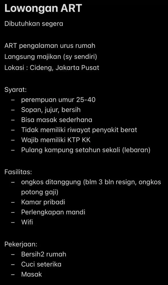Lowongan ART JAKPUS