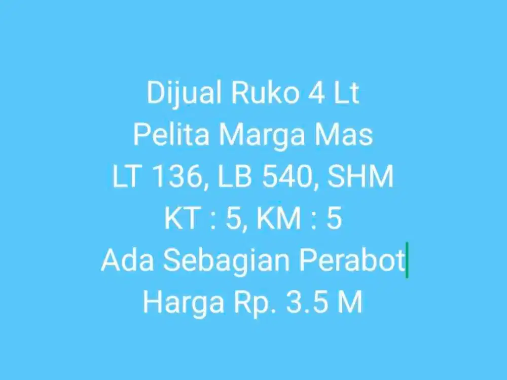 Dijual Ruko 4 lantai di Kompleks Pelita Marga Mas Jl. G. Latimojong Makassar
