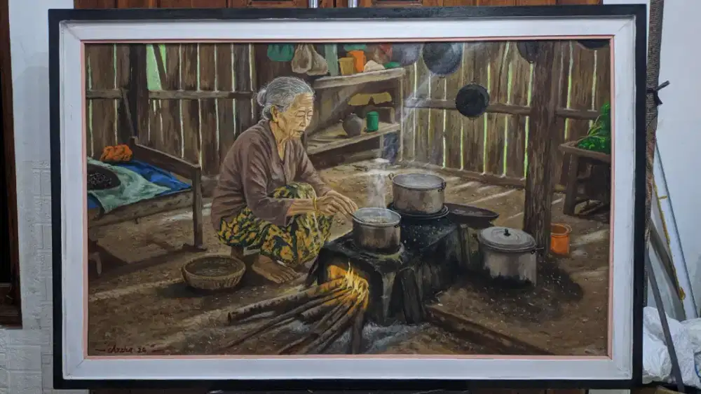 Lukisan kanvas simbok masak ukuran 156×101 cm