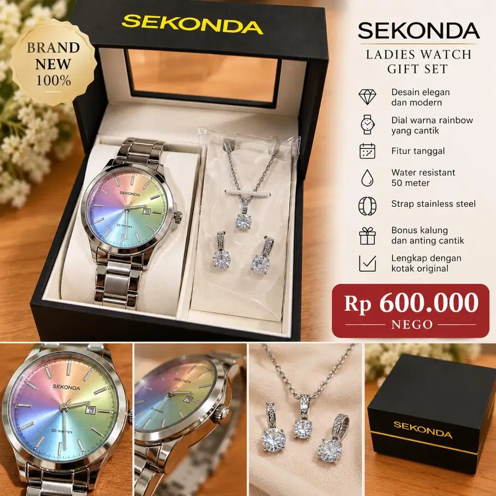 Gift Set Jam Tangan Wanita Sekonda 49053 Original + Kalung & Anting