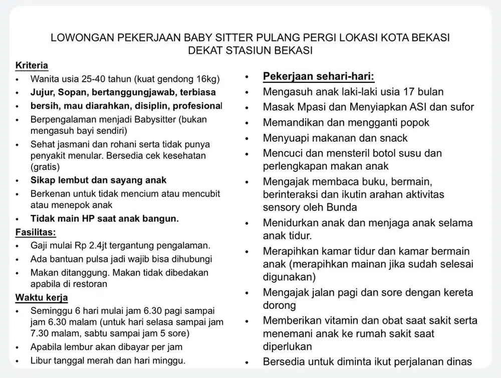 Lowongan kerja Baby Sitter pulang pergi