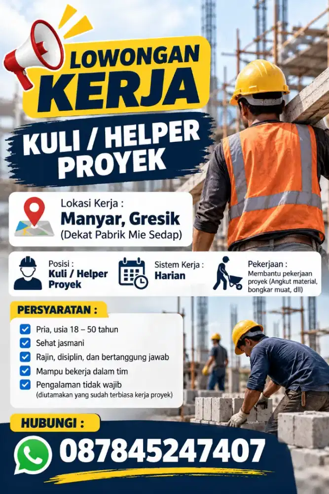 Dibutuhkan Helper / Kuli Bangunan Harian