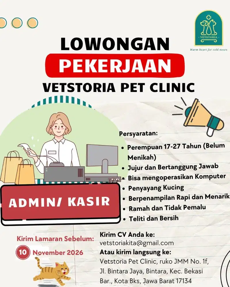 Lowongan Admin/Kasir Klinik Hewan