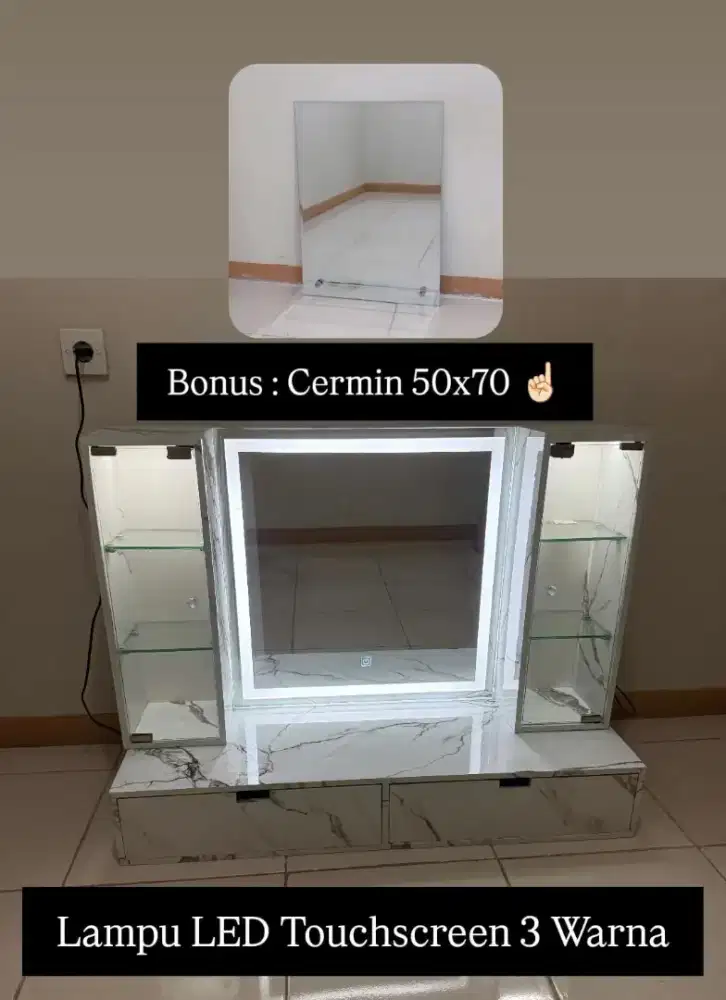 Meja Rias Gantung Lampu 3 Warna LED Touchscreen 100x35 Cermin Rias