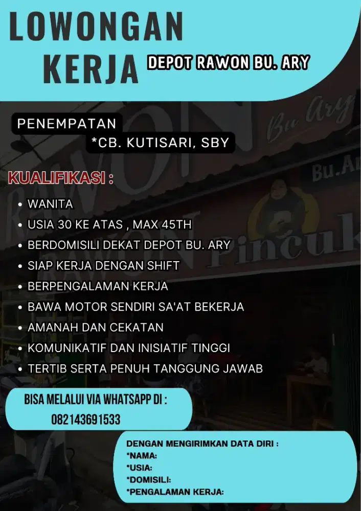 Lowongan kerja depot rawon bu. Ary