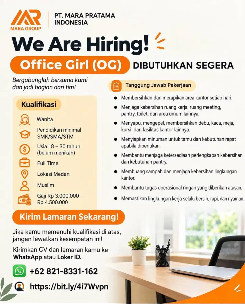DIBUTUHKAN OFFICE GIRL WANITA MUSLIM DAPAT BERGABUNG SEGERA D