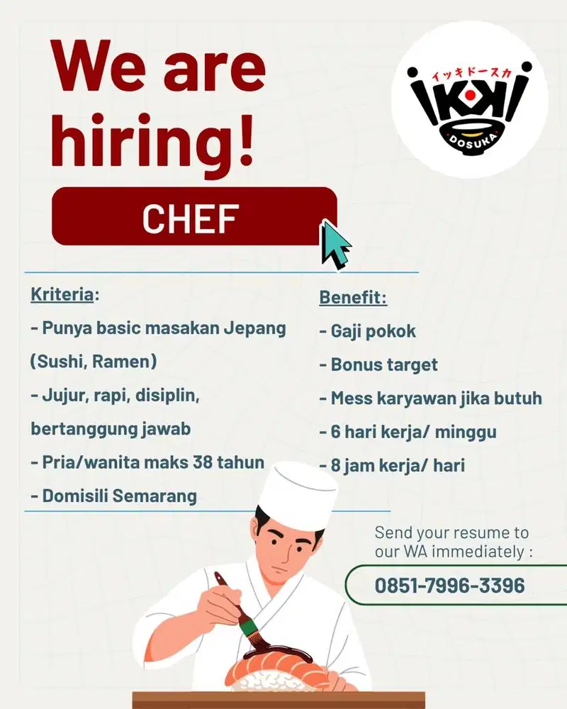 We Are Hiring: Cook, Kitchen Team, Japanese Food Chef
