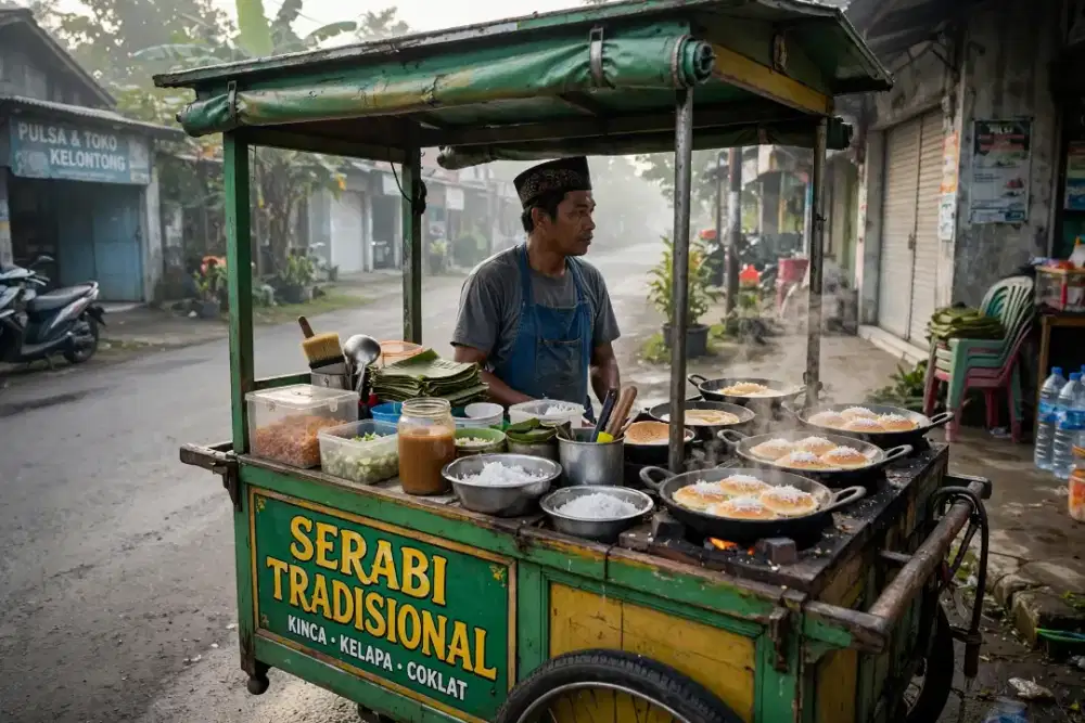 Penjaga stand gerobak Serabi mas kus