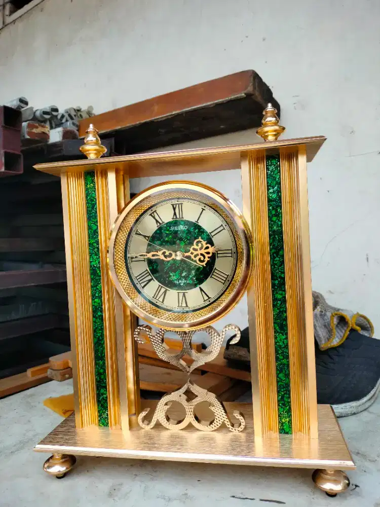Jam Meja Vintage Seiko Quartz Mantel Clock Gold Green Marble Japan 80s