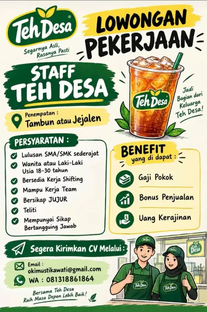 Di cari karyawan penjaga kios es teh untuk daerah jejalen dan tambun