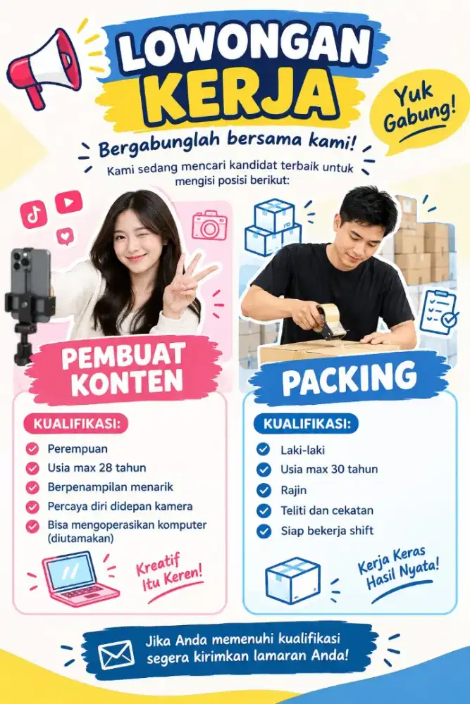 Lowongan untuk konten kreator dan packing Tumbler