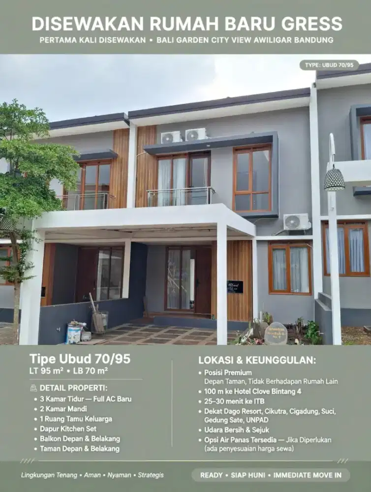 DISEWAKAN RUMAH BARU - BALI GARDEN CITY VIEW, AWILIGAR, BANDUNG UTARA