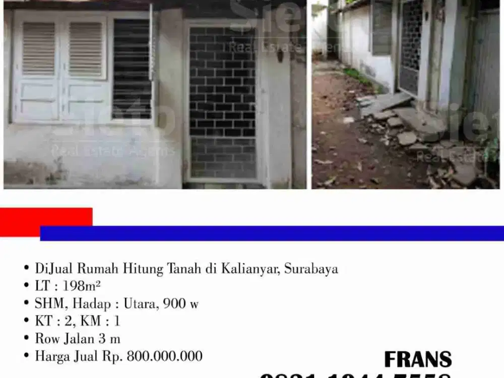 DiJual Rumah Hitung Tanah di Kalianyar, Surabaya