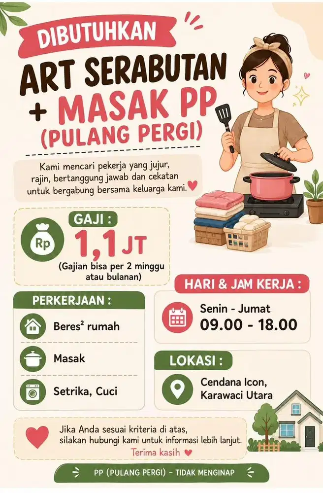 Dicari ART Masak Cuci Bersih