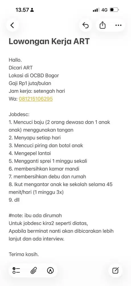 Dicari ART daerah Cibuluh OCBD