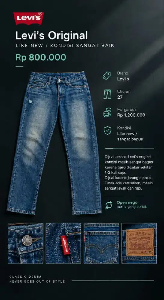 Celana Jeans Levi’s Original Size 27 Like New Pemakaian 1-2 Kali
