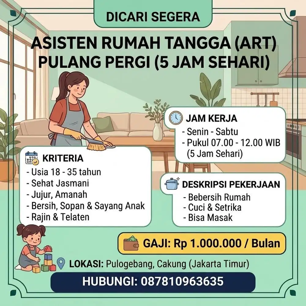Dicari ART Pulang Pergi 5 jam sehari Pulogebang