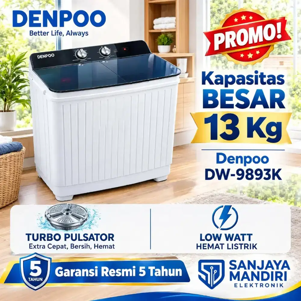 DENPO MESIN CUCI JUMBO 13 Kg 2 Tabung LOW WATT TURBO PULSATOR DW9893K