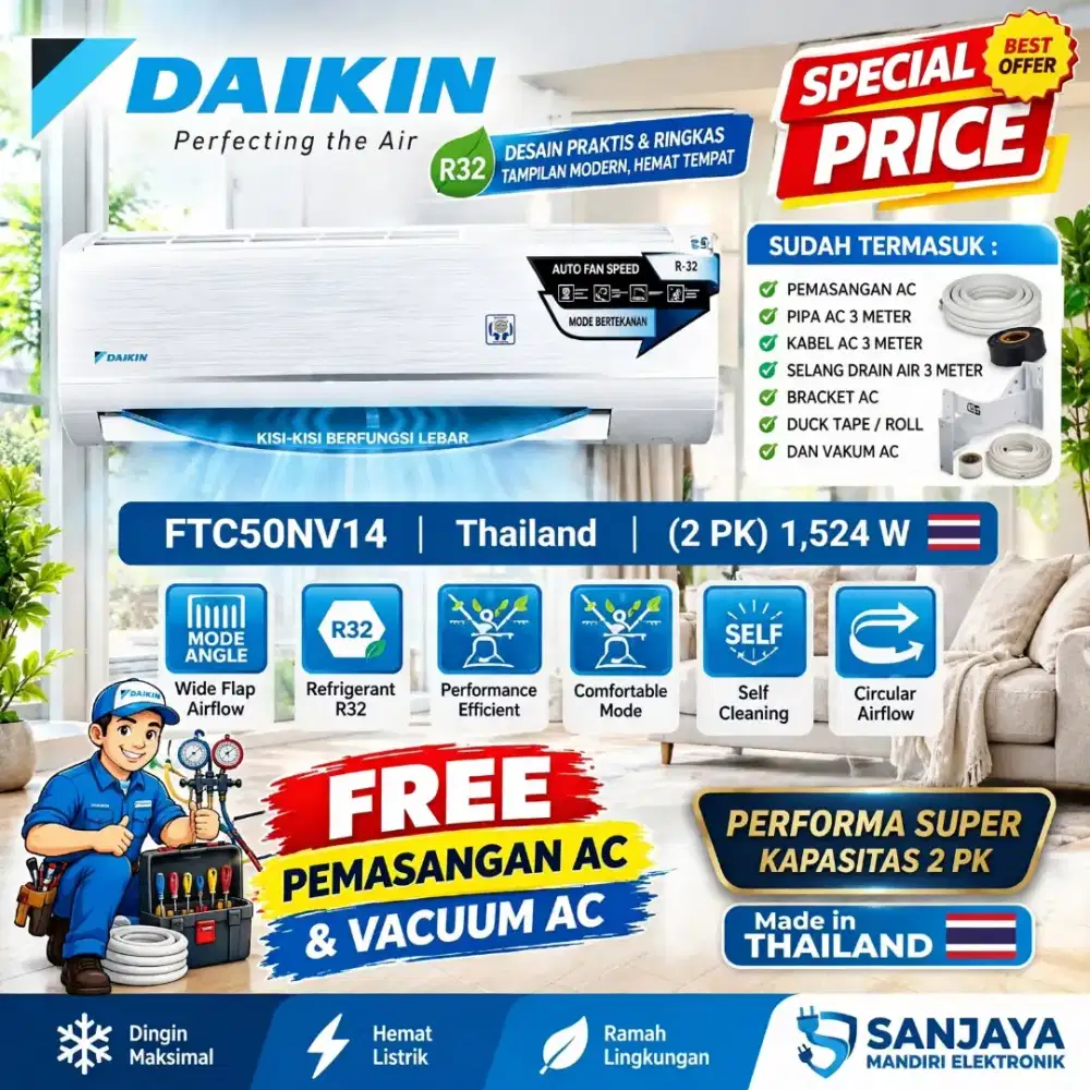 DAIKIN AC Split 2 PK STANDART THAILAND FTC50XV14 Turbo Cool HD FILTER