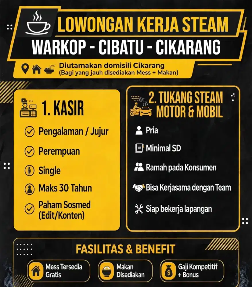 Lowongan loker kasir warkop dan 3 tukang steam motor mobil di cikarang