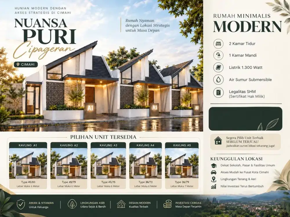 Hunian Modern Nuansa Puri Cipageran Cimahi -2 KT, 1 KM, Pilihan Kavling