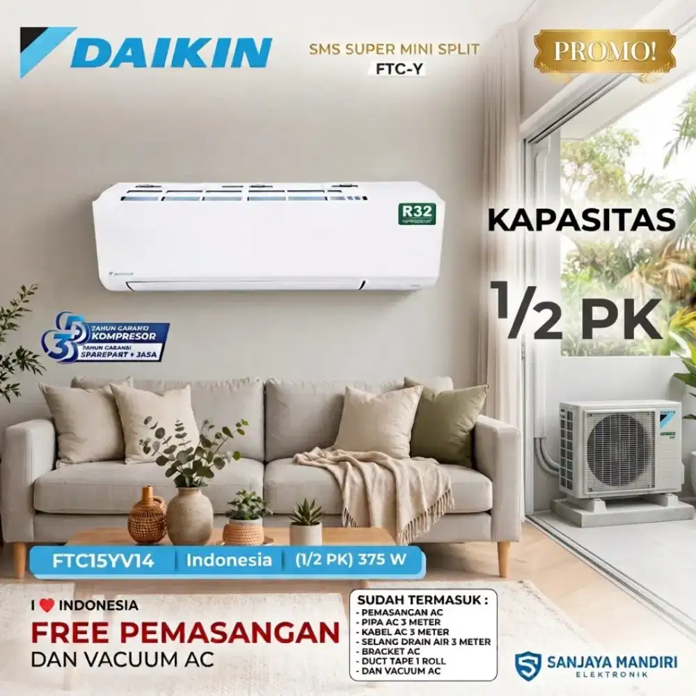 FREE PASANG! DAIKIN AC Split 1/2 PK STANDART FTC-15YV14 G-ION FILTERHD