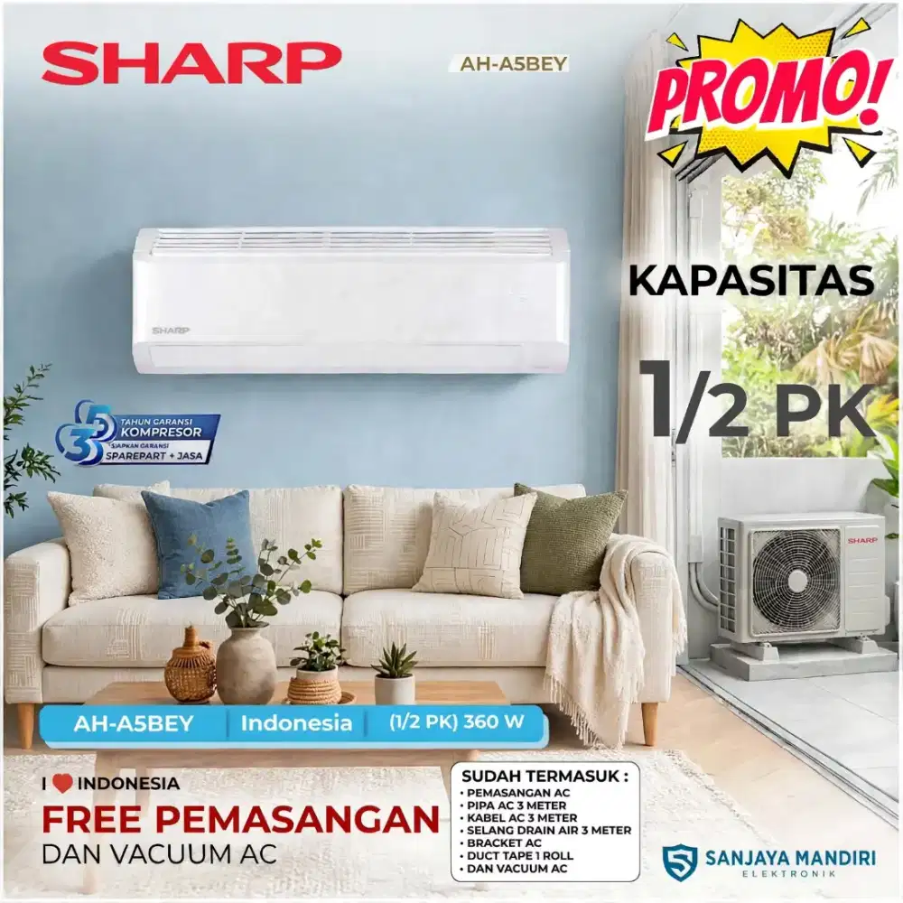 FREE PASANG! SHARP AC 1/2 PK STANDART AH-A5BEY Airflow Garuda Series